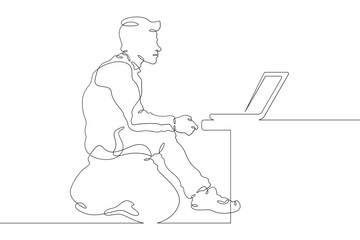 Continuous one line drawing a man works on a laptop. A programmer sits at a table and a computer. Work on the Internet online. One continuous line isolated minimal illustration.
