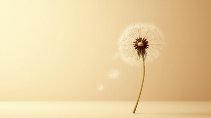 single dandelion with delicate seeds floating against a pale yellow background, with ample space for text