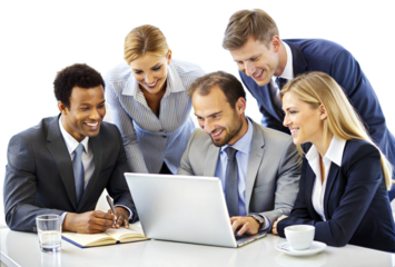 Team working on a laptop in the office isolated on transparent background