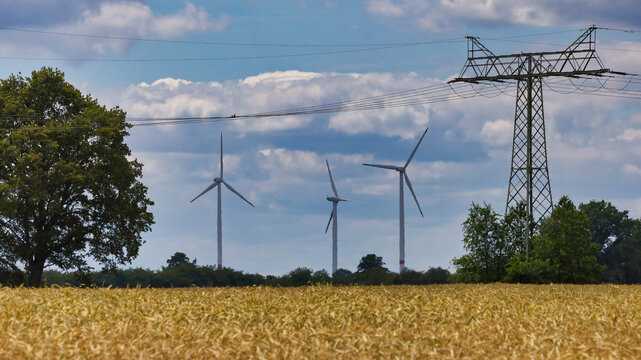 Energiewende im Barnimer Land mit Windkraftanlagen und Hochspannungsmast &uuml;ber einem reifen Getreidefeld nahe der Siedlung Gorinsee, Wandlitz OT Sch&ouml;nwalde, Brandenburg, Deutschland