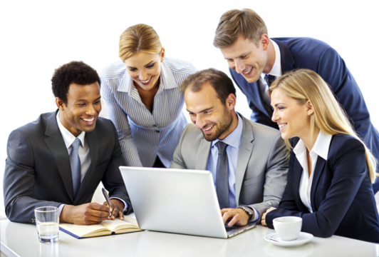 Team working on a laptop in the office isolated on transparent background