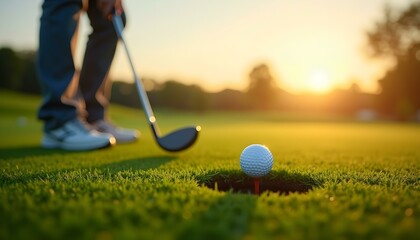 green, golf, ball, club, course, grass, sport, golfing, fairway. golf ball putting player, golf ball spinning to the hole on the green of the golf course with the early light of sunset.