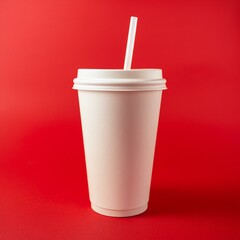 Clean White Disposable Cup with White Straw And Red Background