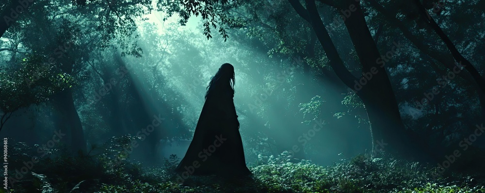 Poster Mysterious figure in a dark forest, illuminated by beams of light, creating an enchanting and ethereal atmosphere.
