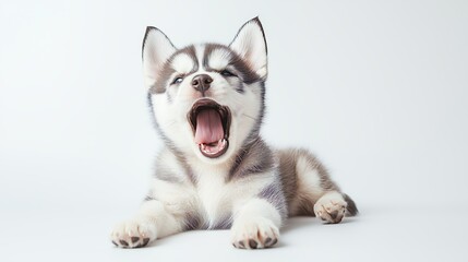 Obraz premium A cute sled dog puppy yawns, showcasing fluffy fur and bright blue eyes against a white backdrop.