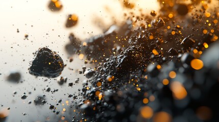  A tight shot of water droplets against a monochrome backdrop, illuminated by a yellow light from behind