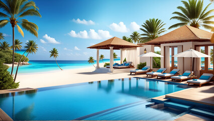 pool in the resort, beautiful villa, pool with trees in hotel
