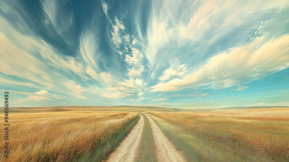 Poster a tranquil landscape featuring a winding dirt road under a vast sky filled with dynamic clouds and g