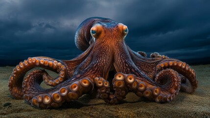 Fototapeta premium A large octopus atop a sandy beach, beneath a cloudy sky with a light, not dark, background