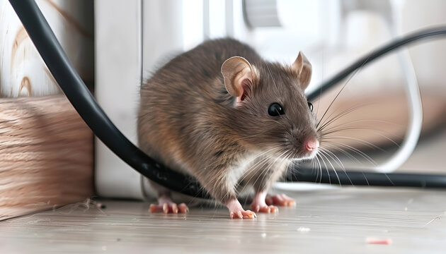 Rat with chewed electric wire on floor indoors. Pest control