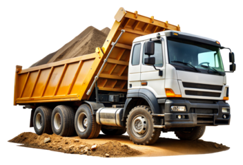 Dump truck unloading sand at a construction site isolated on transparent background