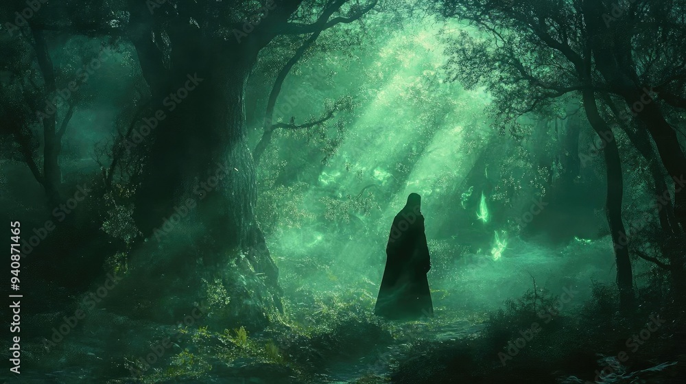 Poster A mysterious figure shrouded in darkness walks through an enchanting green forest, illuminated by ethereal rays of light.