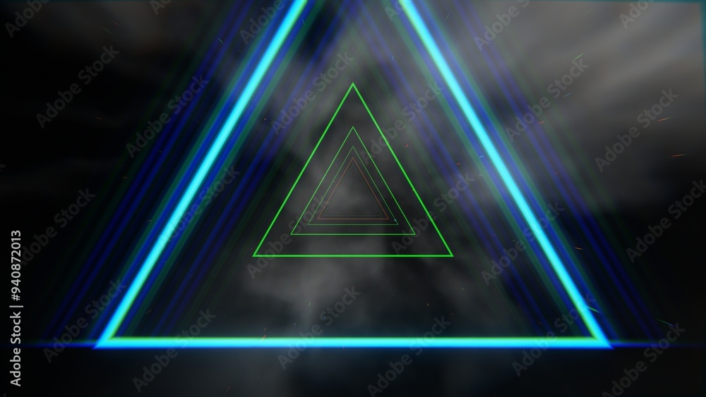 Poster Abstract glowing triangle with neon lines on a dark background.