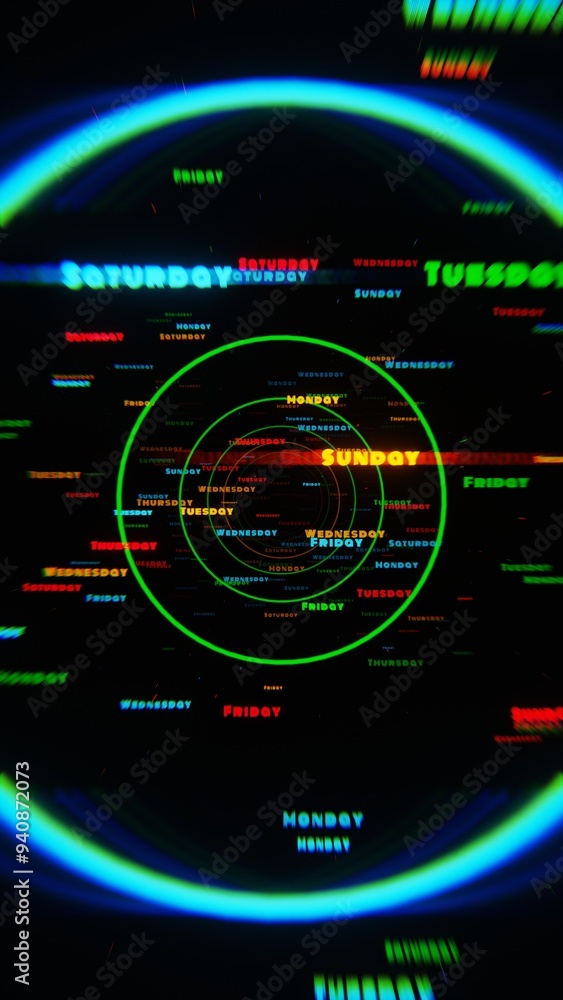 Aufkleber abstract spiral with days of the week in neon colors on a dark background.