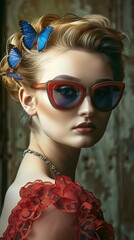 Obraz premium Captivating Woman in Vibrant Red Dress and Butterfly Sunglasses