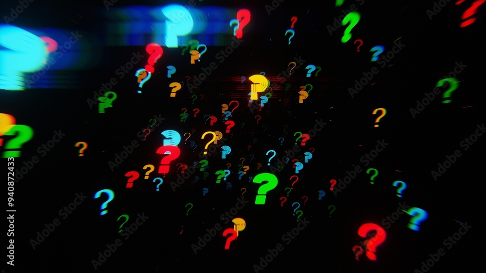 Aufkleber abstract digital art: floating question marks on a dark background.