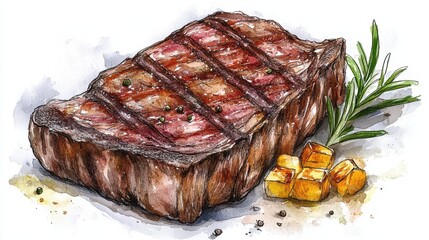 Watercolor of Delicious Grilled Beef Steak and red wine glass,Detailed Hand Drawn,Vector illustration,Freshly medium rare grilled beef steak, fried meat, close-up, isolated on white background.