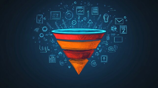 Digital Lead Generation Funnel Illustration with Icons and Stages Marketing Strategy Concept with Arrows and Conversion Process. Sales planning concept to attract customer