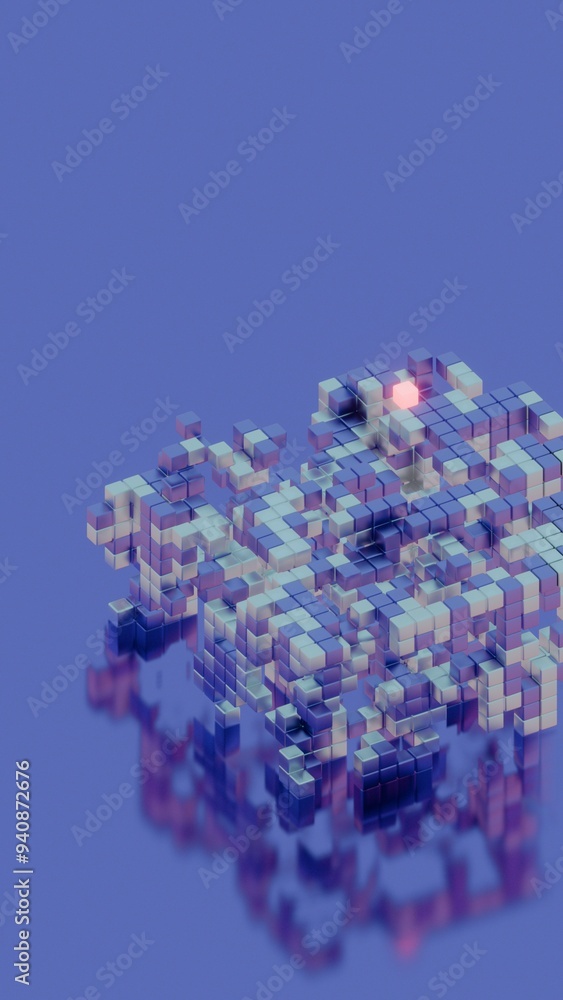 Poster Illuminated Cube Among Abstract Geometric Blocks in Futuristic Digital Art.