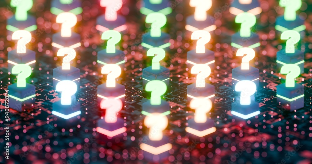 Poster Glowing Question Marks on Circuit Board Background Representing Digital Innovation and Problem Solving