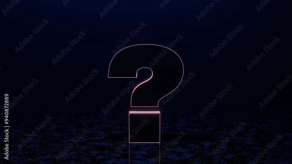 Poster glowing neon question mark in a dark minimalist digital space.