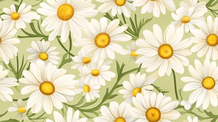 Fototapeta premium Hand-painted chamomile flowers in a vintage style, showcasing detailed yellow and white blossoms with complementary green leaves, arranged in a continuous, flowing pattern for a timeless and