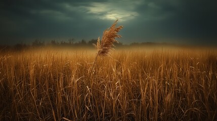  A towering grass clump in a vast field against a backdrop of ominous, darkened sky Distantly, clouds loom