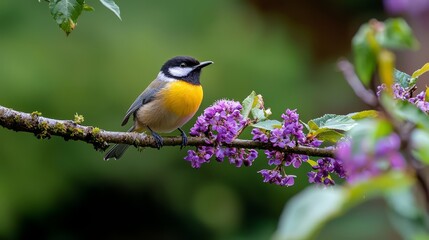  A small bird sits on a tree branch, surrounded by purple flowers in the foreground and green leaves in the background
