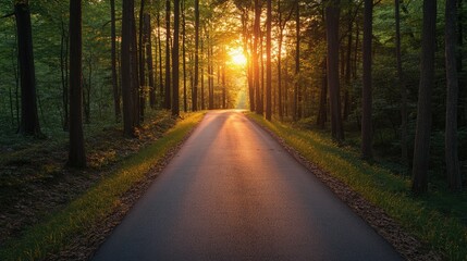 Sunset casting warm hues on a paved road in the forest, capturing the serene atmosphere with no people present