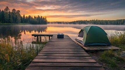Fototapeta premium Tent on a wooden dock at dawn, overlooking a calm, uninhabited lake, with the early morning light casting a tranquil glow