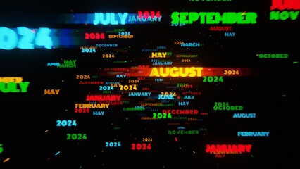 Surreal Neon Calendar with Months and Years in Dynamic Motion