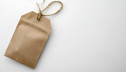 Unused tea bag with tag on white background, top view. Space for text