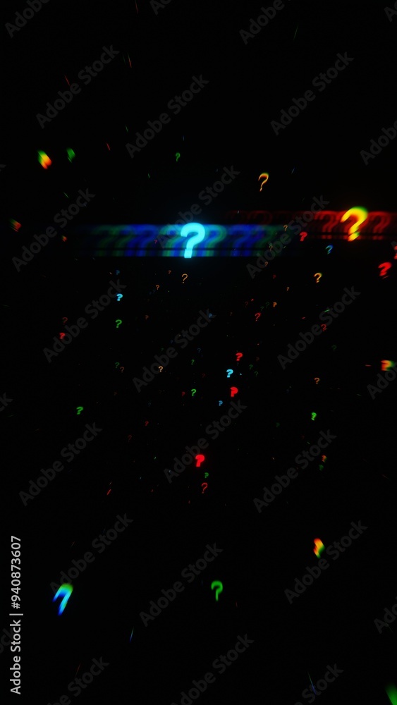 Poster abstract digital art: floating question marks on a dark background.