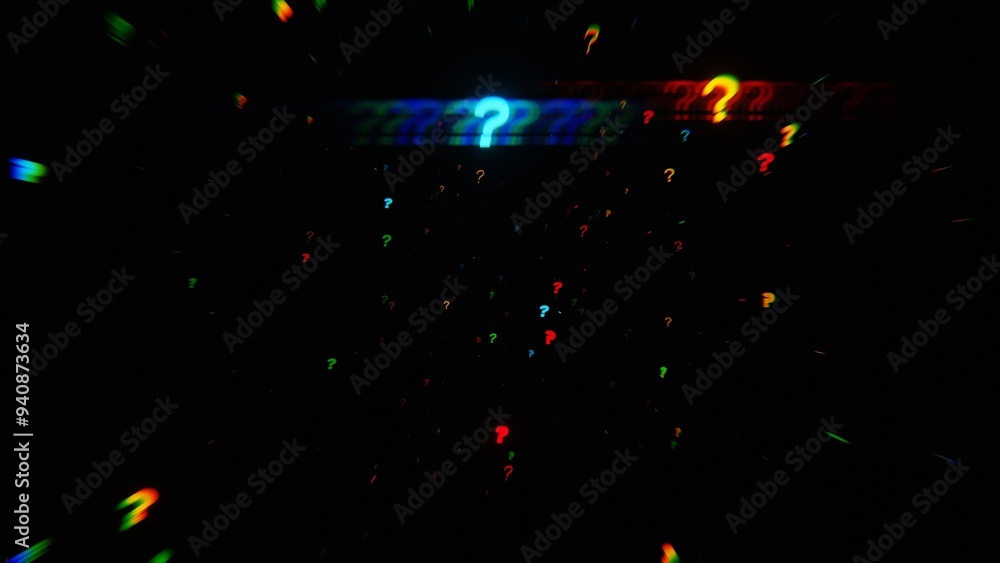 Poster Abstract Digital Art: Floating Question Marks on a Dark Background.