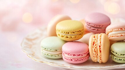 An assortment of colorful macarons arranged on a delicate plate with a soft pastel background
