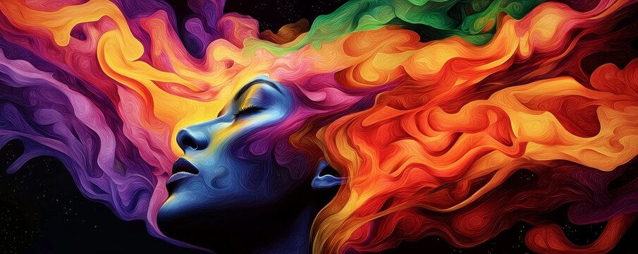 A psychedelic, abstract face emerging from a swirl of colors and patterns, blending human features with flowing, organic shapes