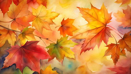 Vibrant Orange, Red, and Yellow Leaves, Watercolor Autumn Leaves Background