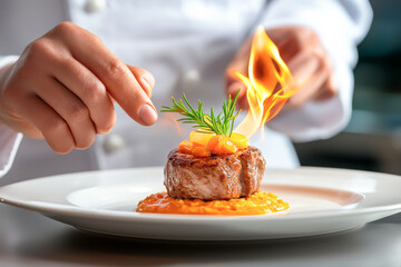 A chef garnishing a gourmet meal with a touch of flame, showcasing culinary artistry and creativity in a restaurant kitchen.