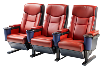 Comfortable red theater seats arranged in a row isolated on transparent background