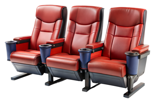 Comfortable red theater seats arranged in a row isolated on transparent background
