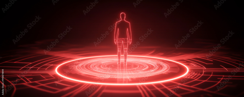 Poster a futuristic figure stands in a glowing red circular pattern, illustrating concepts of technology an