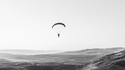 A solo base jumper gracefully gliding through the air, with a parachute unfurling, set against a minimalist backdrop