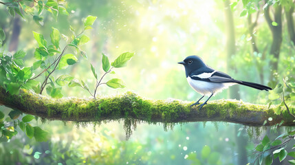 Obraz premium Beautiful black and white Magpie Robin amidst the fascinating nature.