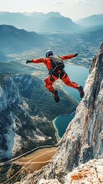An aerial view of a base jumper soaring above stunning landscapes, emphasizing the thrill of extreme sports with ample copy space
