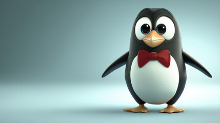 Fototapeta premium A cute cartoon penguin: Small, round black and white body, wearing a red bowtie, large gleaming eyes, cartoon style with a cool blue gradient background..