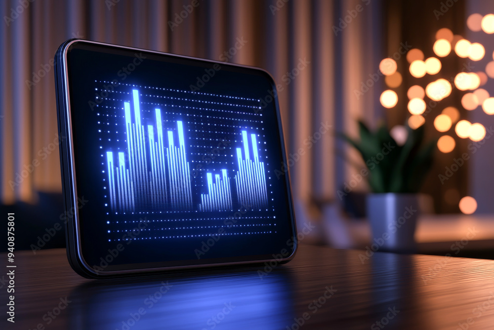 Poster a modern digital tablet displaying a vibrant bar graph, symbolizing data analysis and technological 