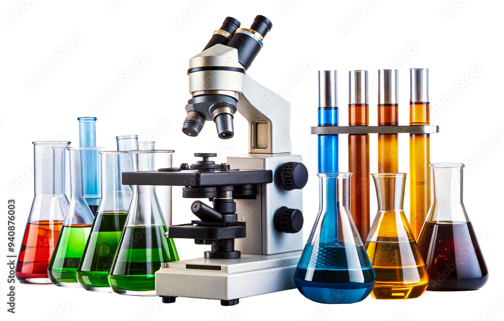 Poster lab with microscope and colorful liquids isolated on transparent background