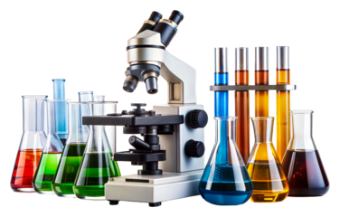 Lab with microscope and colorful liquids isolated on transparent background