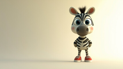 A cute cartoon zebra: Small, black and white striped body, wearing tiny red sneakers, large curious eyes, cartoon style with a pale yellow gradient background.