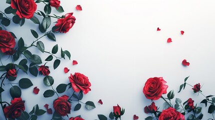 Closeup of red roses against a light grey background with copy space on the right